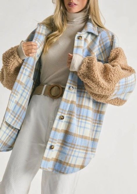 Plaid + Sherpa Jacket in Baby Blue + Camel